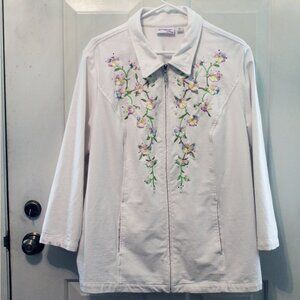 Quaker Factory long sleeved white spring jacket with lavender pink, green & yell